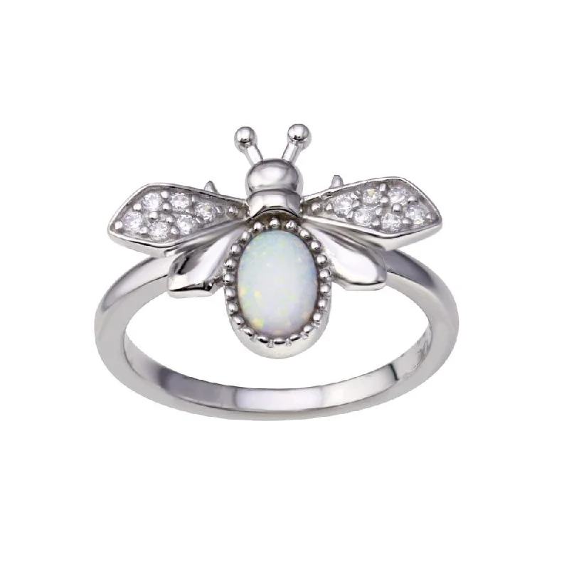 ladies ring fall leaf pattern-Rhodium Plated 925 Sterling Silver Simulated Opal Bee Ring - BGR01355