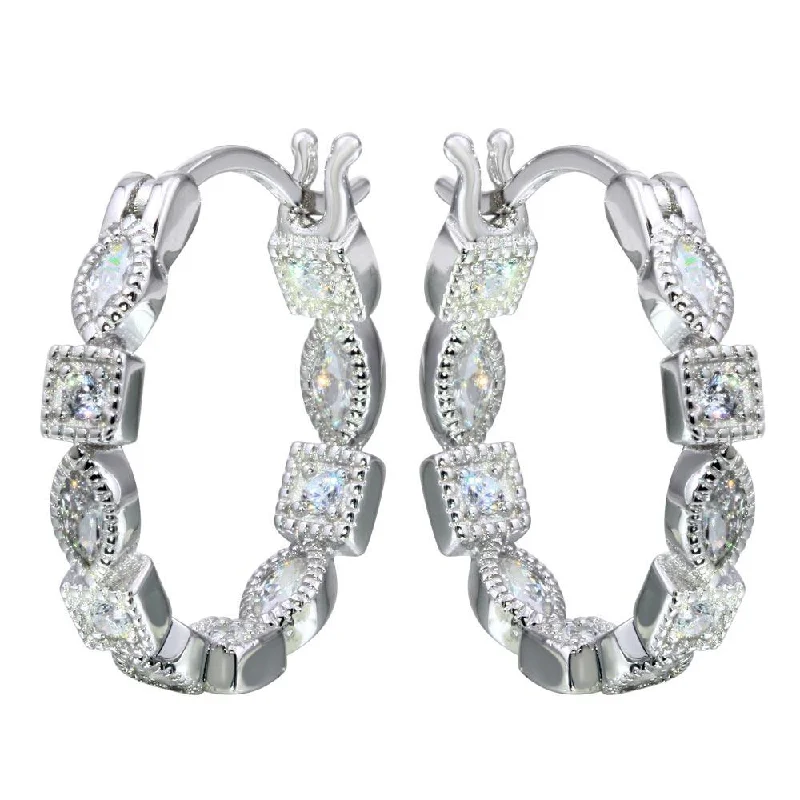 ladies-affordable-silver-earrings-Rhodium Plated 925 Sterling Silver Inner and Outer Clear CZ Hoop Earrings - STE01122CLR