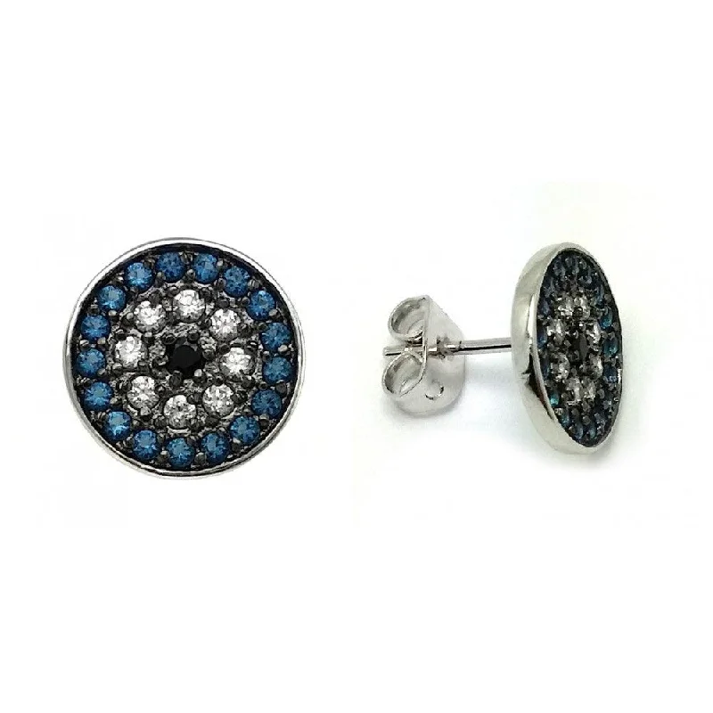 ladies-classic-earrings-Silver 925 Rhodium Plated Blue and Black and Clear CZ Inlay Stud Earrings - BGE00405