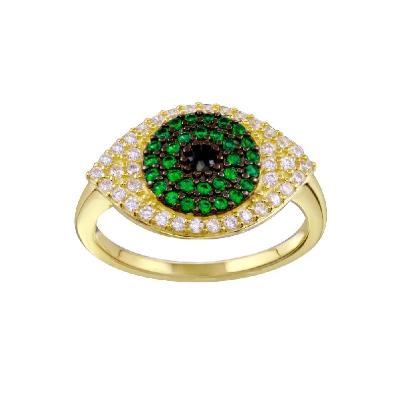 ladies ring matte zirconia-Gold Plated 925 Sterling Silver Black Green Clear CZ Evil Eye Ring - BGR01337