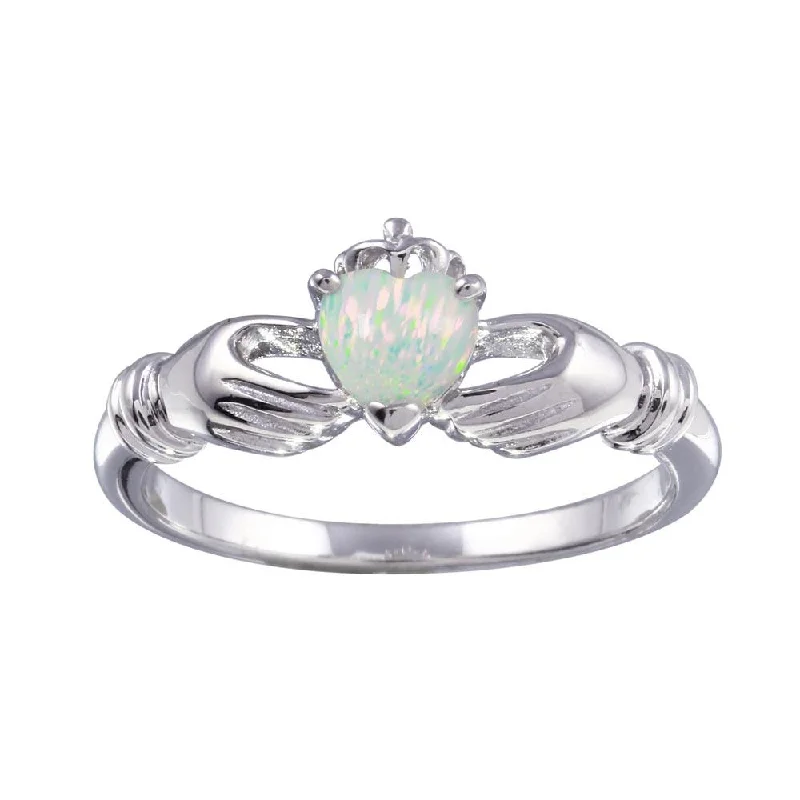 ladies ring luminous halo design-Rhodium Plated 925 Sterling Silver Heart Opal Ring - BGR01273