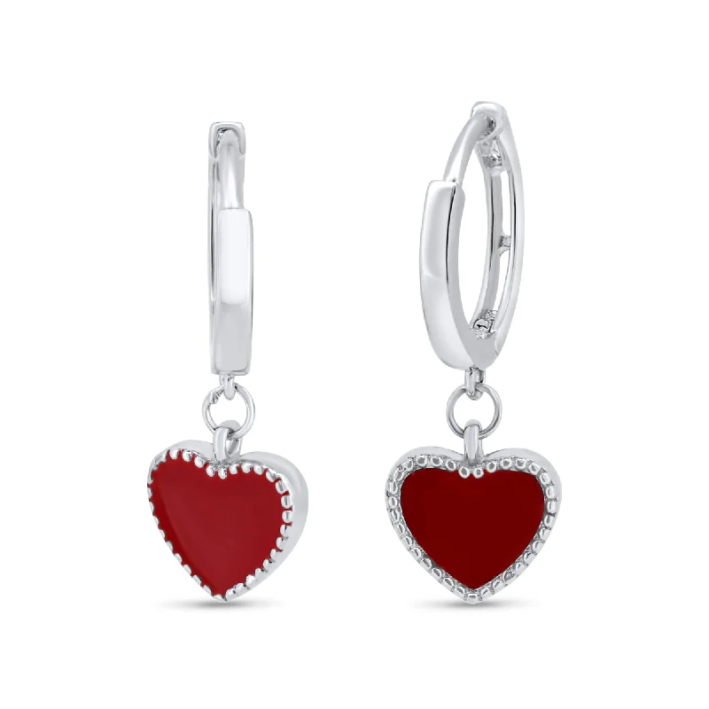 ladies-gemstone-dangle-earrings-Rhodium Plated 925 Sterling Silver Red Enamel Heart 10mm Hoop Earrings - GME00143