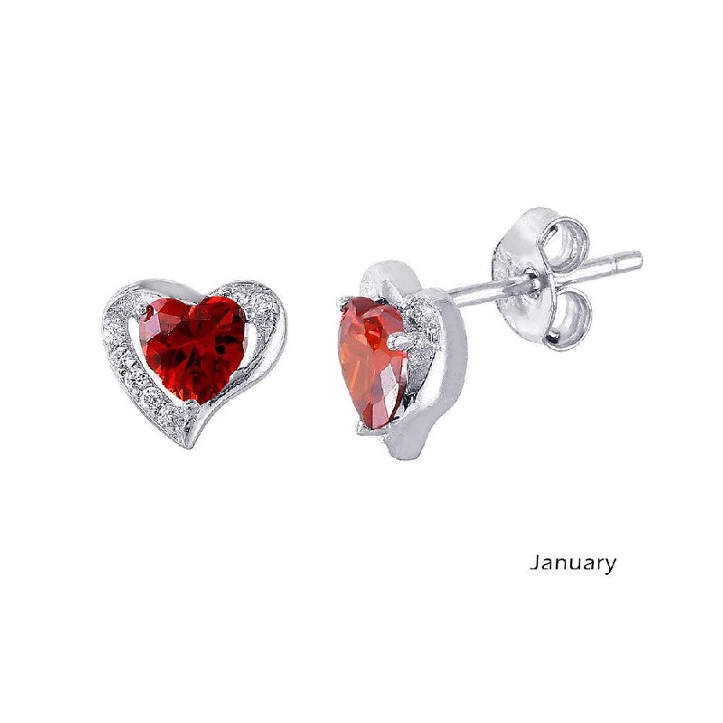 ladies-charm-silver-earrings-Rhodium Plated 925 Sterling Silver Heart with Birthstone Center Stud Earrings January - STE01028-JAN