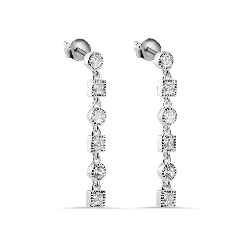 ladies-fashion-pearl-earrings-Rhodium Plated 925 Sterling Silver Round and Square Dangling Clear CZ Stud Earrings - BGE00416SP