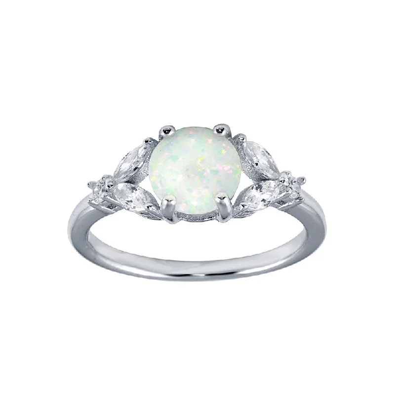 ladies ring tropical palm detail-Rhodium Plated 925 Sterling Silver Flower Shank Opal Stone Ring with CZ - BGR01290