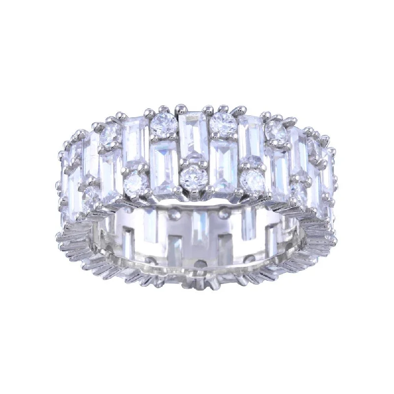 ladies ring winter snowflake-Rhodium Plated 925 Sterling Silver CZ Baquette Band Ring  - STR01143