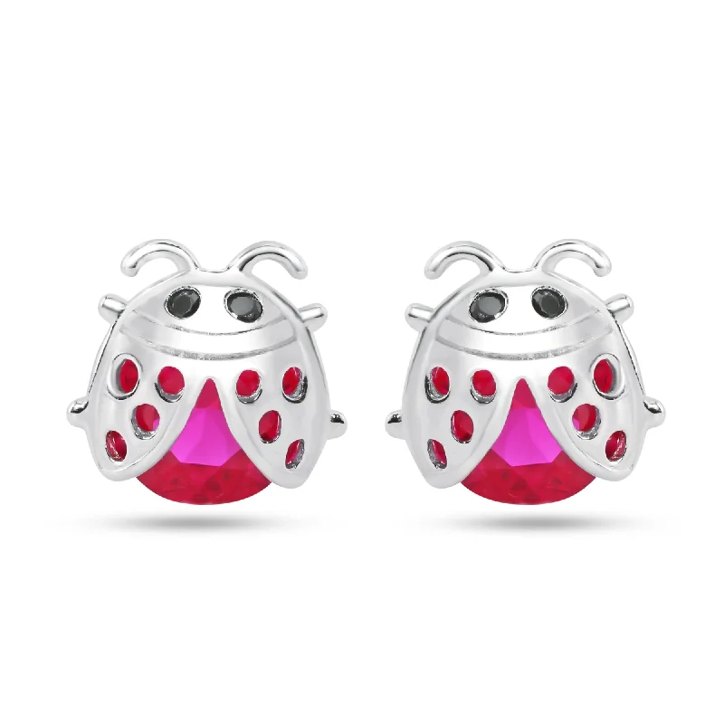 ladies-short-hoop-earrings-Sterling Silver Rhodium Plated Lady Bug Red CZ Stud Earrings - STE01376