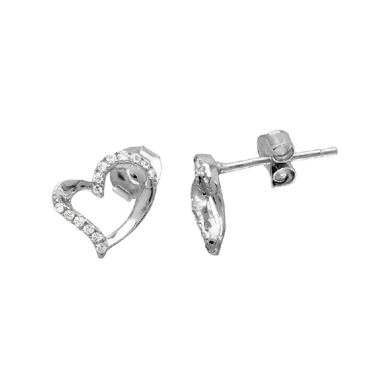 ladies-dangle-crystal-earrings-Rhodium Plated 925 Sterling Silver Open Sideways CZ Heart Stud Earrings - BGE00510