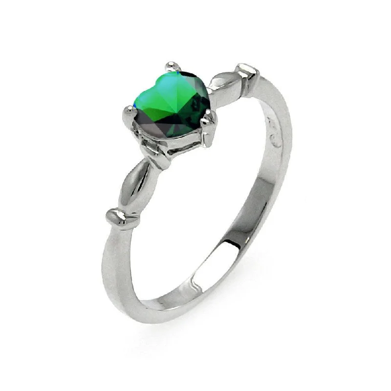 ladies ring name engraved band-Rhodium Plated 925 Sterling Silver CZ Heart Green May Ring - BGR00521MAY