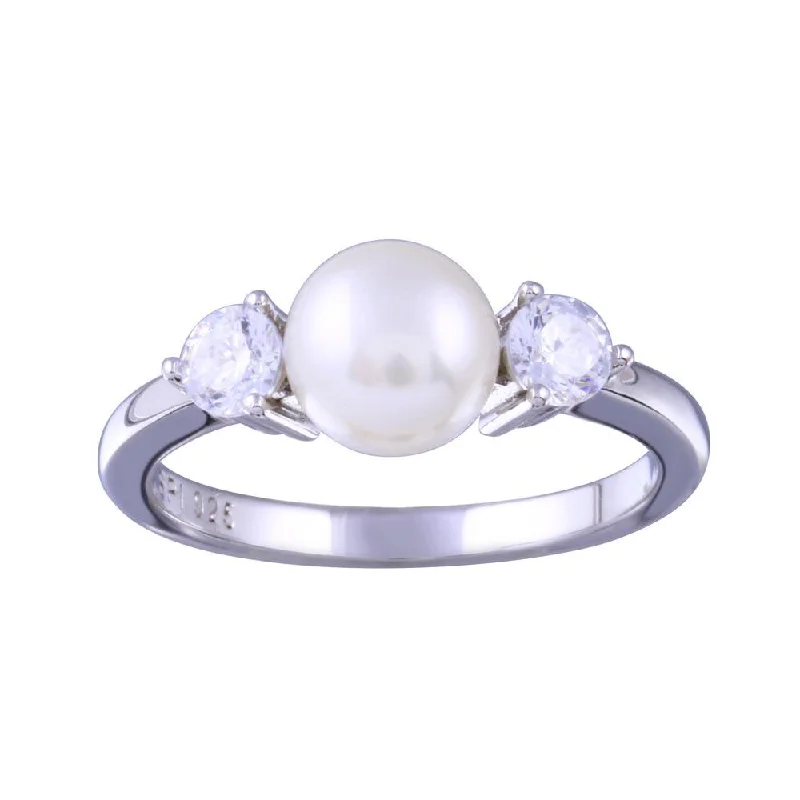 ladies ring zodiac inspired-Rhodium Plated 925 Sterling Silver Freshwater Pearl with Clear CZ Ring - STR01159