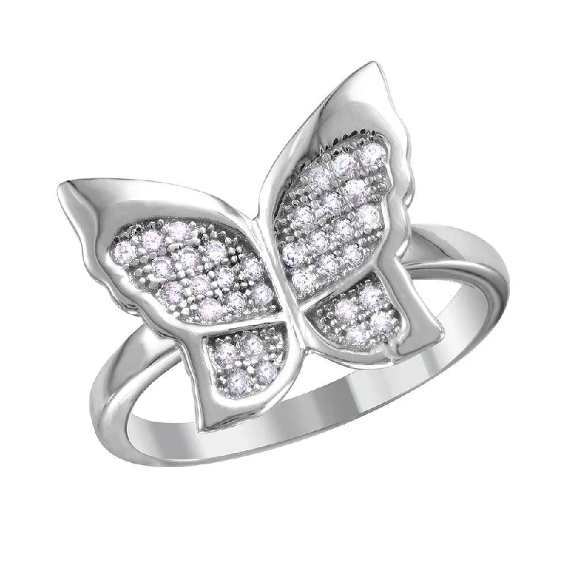 ladies ring trendy star detail-Silver 925 Rhodium Plated Butterfly Ring with Micro Pave CZ Stones - BGR01019