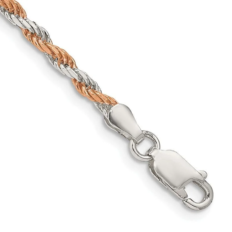 Ladies bracelets with moon charms -Sterling Silver And Rose Vermeil 2.5mm Diamond-cut Rope Chain Bracelet