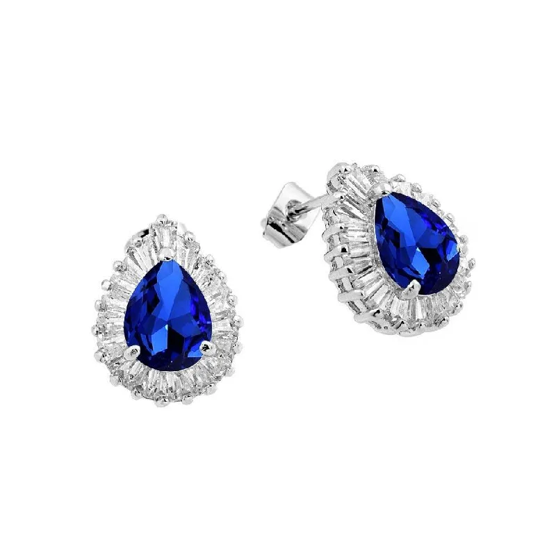 ladies-silver-moon-earrings-Silver 925 Rhodium Plated Clear and Blue Teardrop Baguette CZ Stud Earrings - BGE00337