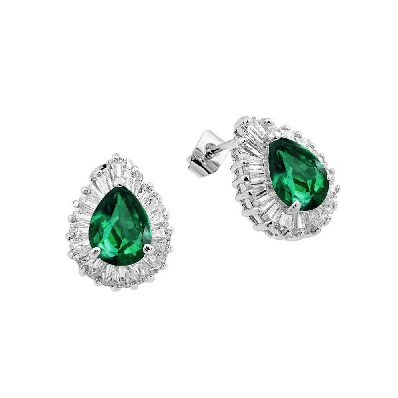 ladies-luxury-diamond-earrings-Silver 925 Rhodium Plated Clear and Green Teardrop Baguette CZ Stud Earrings - BGE00338