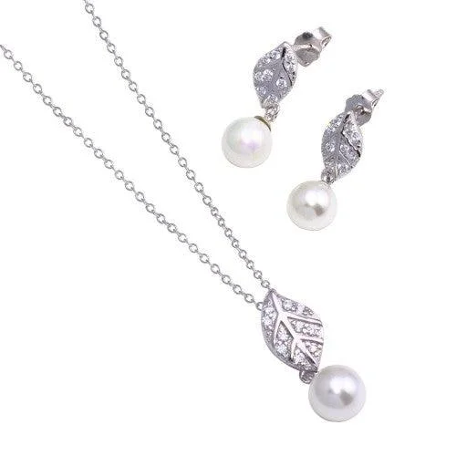 ladies-drop-earrings-Silver 925 Rhodium Plated Leaf CZ Hanging Dangling Pearl Stud Earring and Necklace Set - STS00478