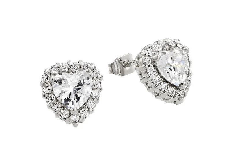 ladies-everyday-diamond-earrings-Silver 925 Rhodium Plated Clear Heart CZ Stud Earrings - BGE00367C