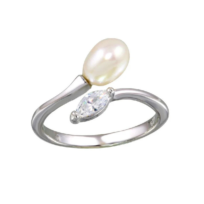 ladies ring bold geometric shape-Rhodium Plated 925 Sterling Silver Ring with Pearl and CZ - BGR01129