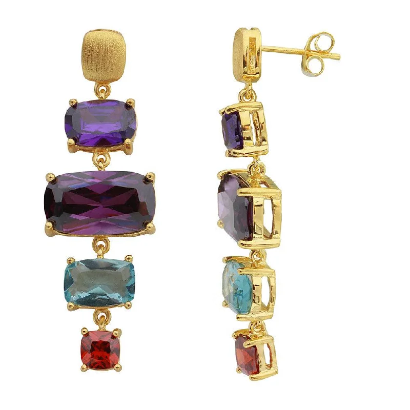 ladies-dangle-crystal-earrings-Gold Plated 925 Sterling Silver Multi Color CZ Drop Earrings - BGE00487