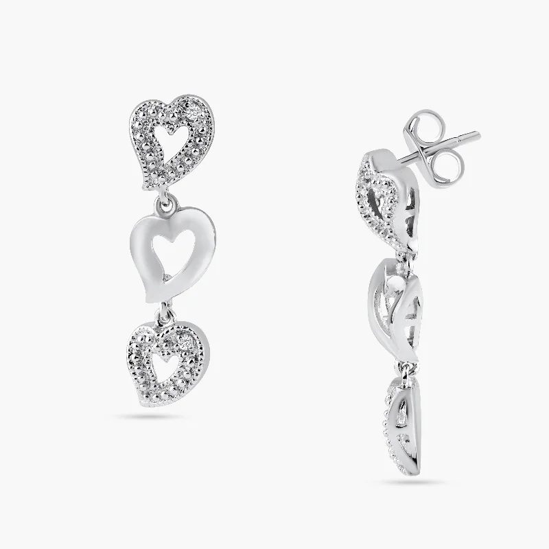 ladies-rustic-earrings-Silver 925 Rhodium Plated Clear Multiple Open Heart CZ Stud Dangling Earrings - BGE00025