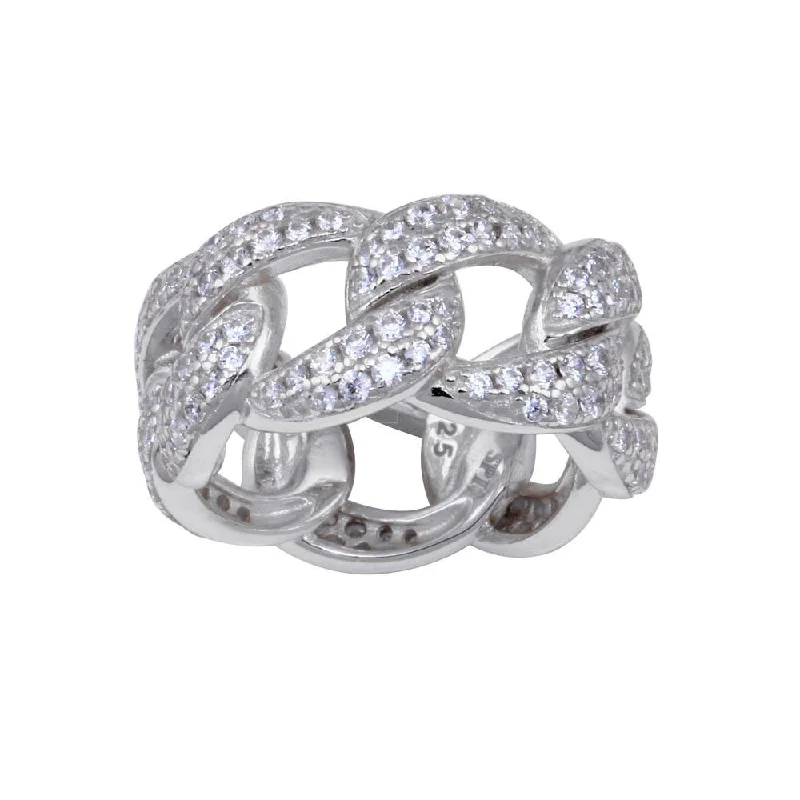 ladies ring valentine’s heart-Rhodium Plated 925 Sterling Silver Curb Design Link Ring 9.8mm - STR01130RH