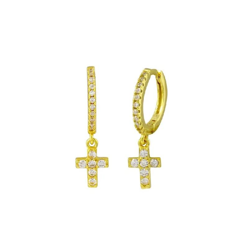 ladies-star-dangle-earrings-Gold Plated 925 Sterling Silver Dangling Cross CZ huggie hoop Earring - STE01211GP