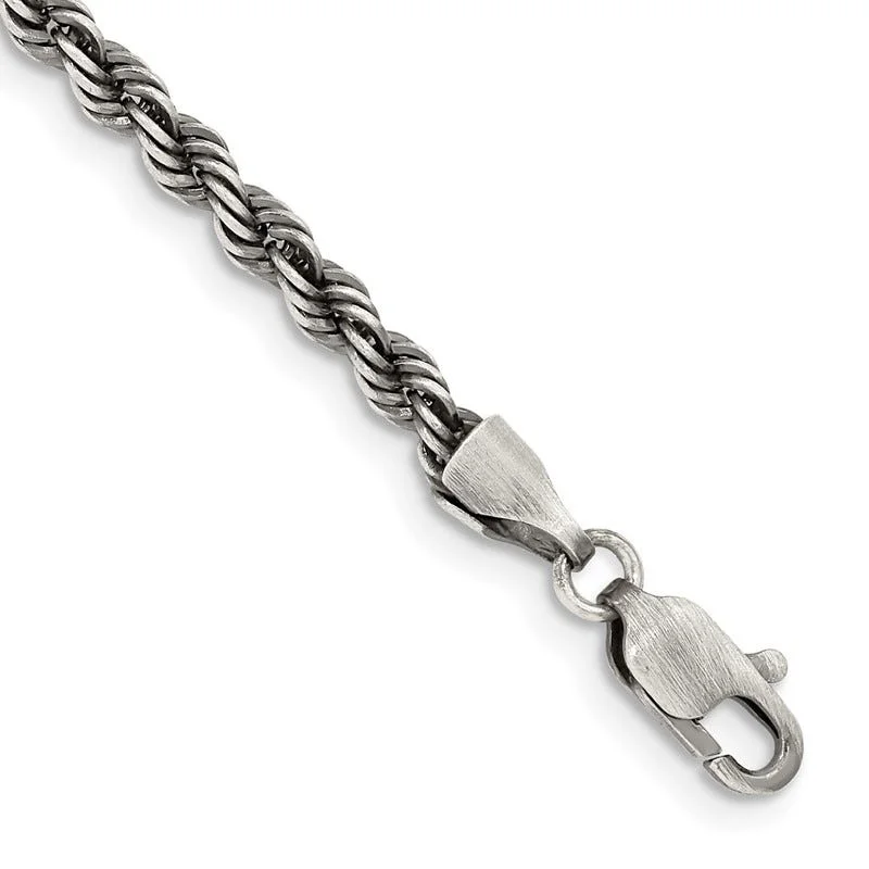 Ladies bracelets with cloud charms -Sterling Silver Ruthenium-plated 3mm Rope Chain Bracelet