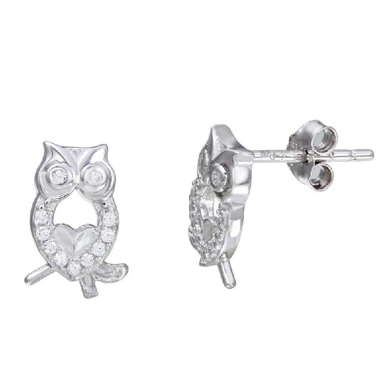 ladies-party-gold-earrings-Rhodium Plated 925 Sterling Silver Owl CZ Stud Earrings - STE01104