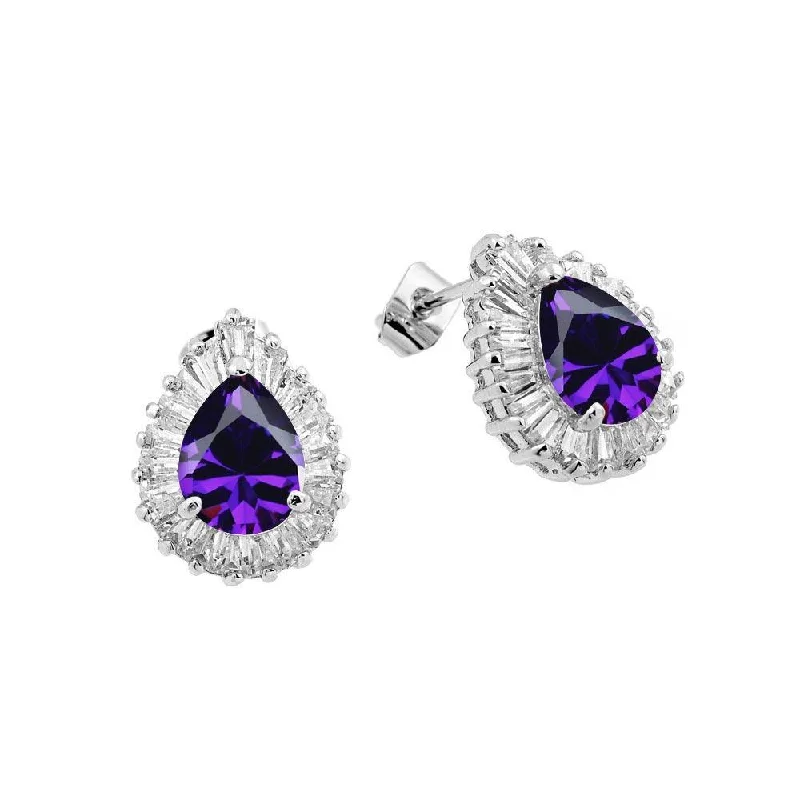 ladies-diamond-stud-earrings-Silver 925 Rhodium Plated Teardrop Purple Baguette Clear CZ Stud Earrings - BGE00336