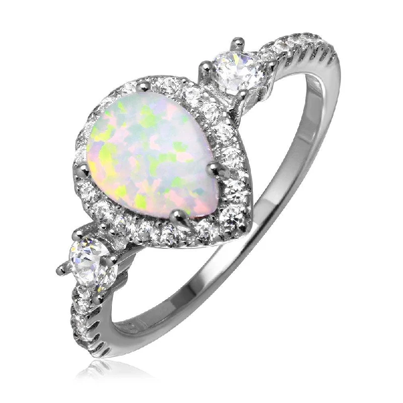 ladies ring christmas star-Silver 925 Rhodium Plated Halo Pear Ring with Synthetic Opal and CZ - BGR01047