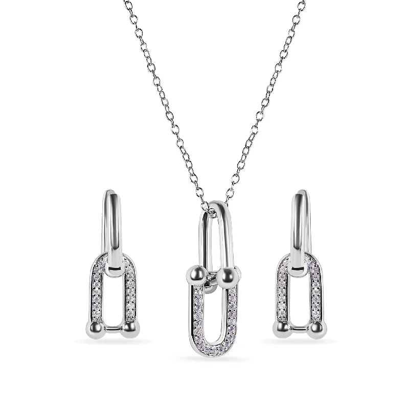 ladies-birthstone-chandelier-earrings-Rhodium Plated 925 Sterling Silver Round Bow Paperclip Clear CZ Necklace and Hoop Earring Matching Set  - BGS00629