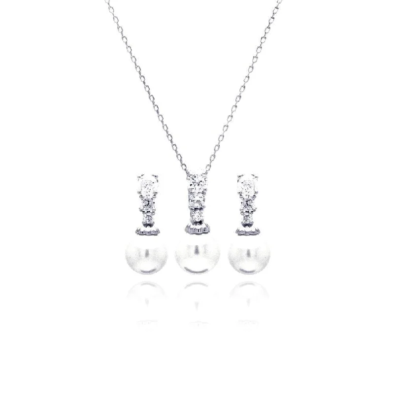 ladies-drop-rose-gold-earrings-Silver 925 Rhodium Plated Pearl Clear CZ Hanging Stud Earring and Necklace Set - BGS00230