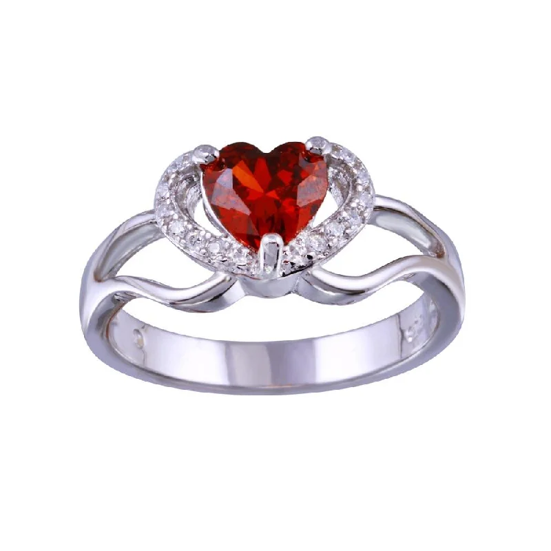 ladies ring personalized white gold-Rhodium Plated 925 Sterling Silver Heart Red and Clear CZ Ring - BGR01344