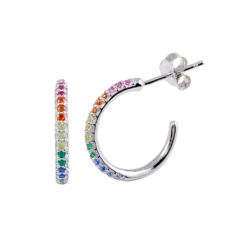 ladies-sterling-silver-moon-earrings-Rhodium Plated 925 Sterling Silver CZ Rainbow Semi Hoop Earrings - BGE00608