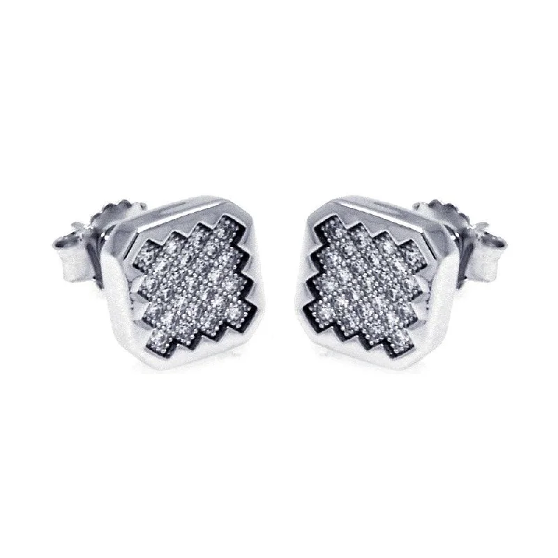 ladies-affordable-gold-earrings-Silver 925 Rhodium Plated Micro Pave Clear Sun Square CZ Stud Earrings - ACE00053