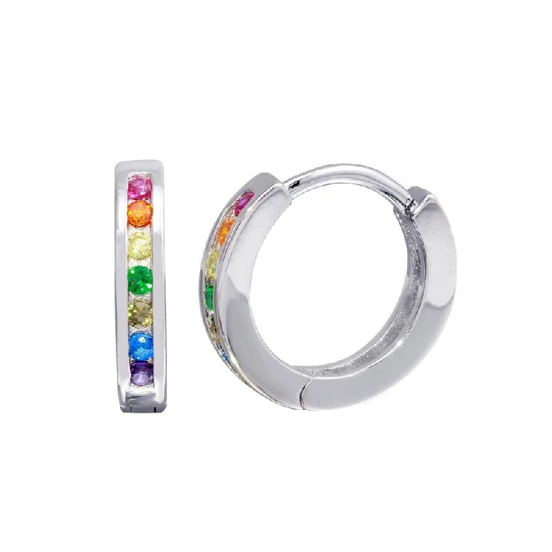 ladies-unique-beaded-earrings-Rhodium Plated 925 Sterling Silver Rainbow Multi CZ huggie hoop Earrings 13.1mm - STE01209