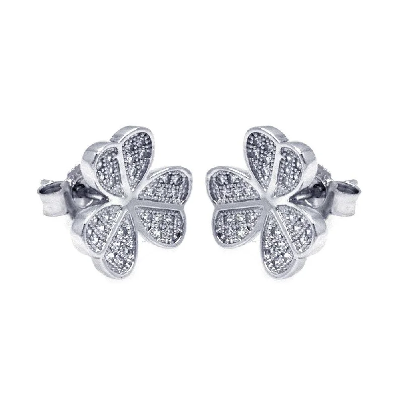 ladies-silver-diamond-earrings-Silver 925 Rhodium Plated Micro Pave Clear Clover CZ Stud Earrings - ACE00050