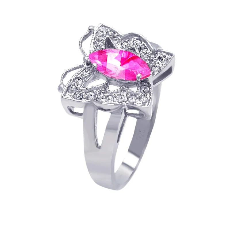 ladies ring black friday special-Silver 925 Rhodium Plated Pink Marquise Center Clear CZ Butterfly Ring - AAR0030