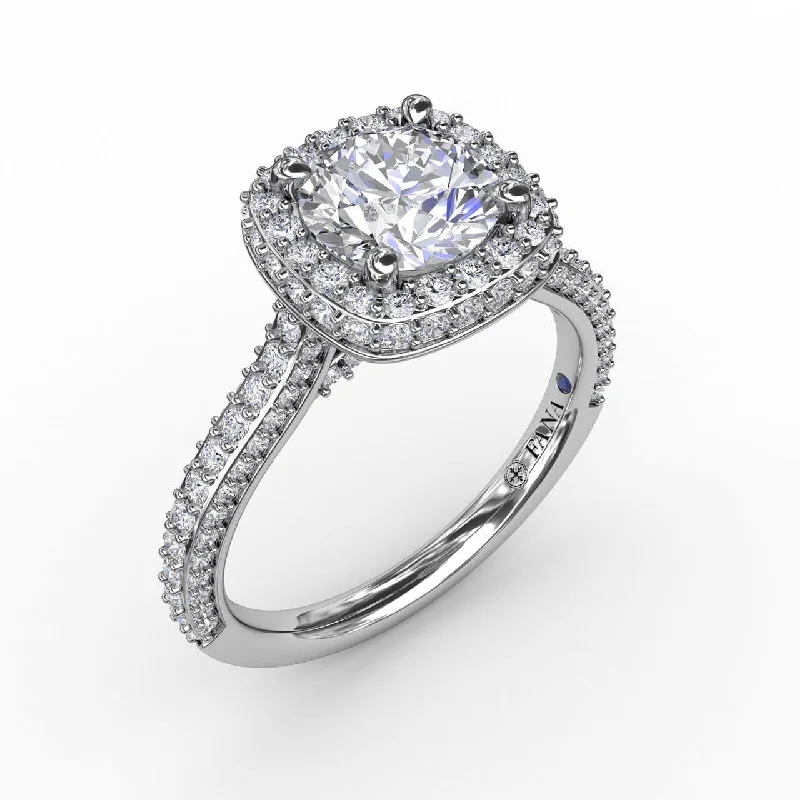 engagement-white-gold-custom-ring-Cushion-Shaped Waterfall Halo Engagement Ring With Pavé Band