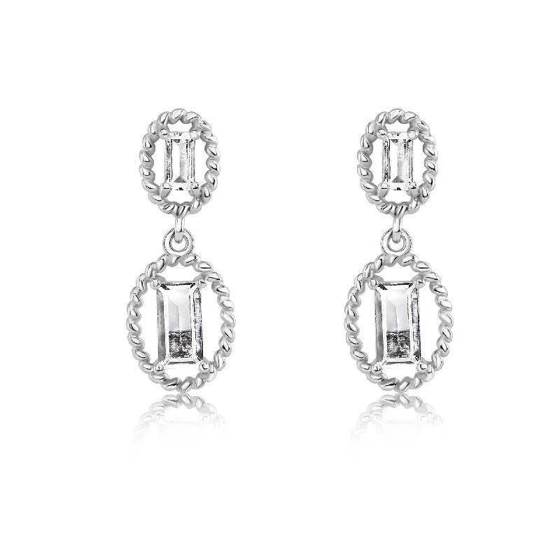 ladies-gemstone-gold-earrings-Rhodium Plated 925 Sterling Silver Dangling Baguette CZ Stud Earrings - BGE00748