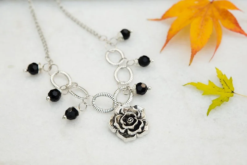 ladies-statement-crystal-necklace-Flower and Onyx Necklace