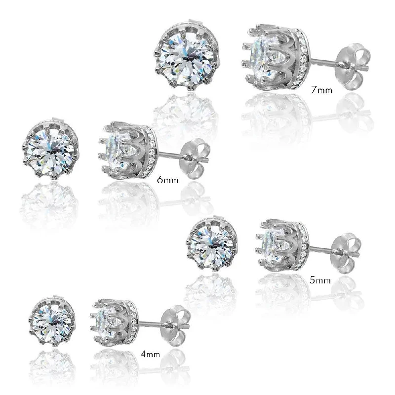 ladies-rose-gold-diamond-earrings-Rhodium Plated 925 Sterling Silver Round Crown Basket Clear CZ Stud Earrings - AAE00011