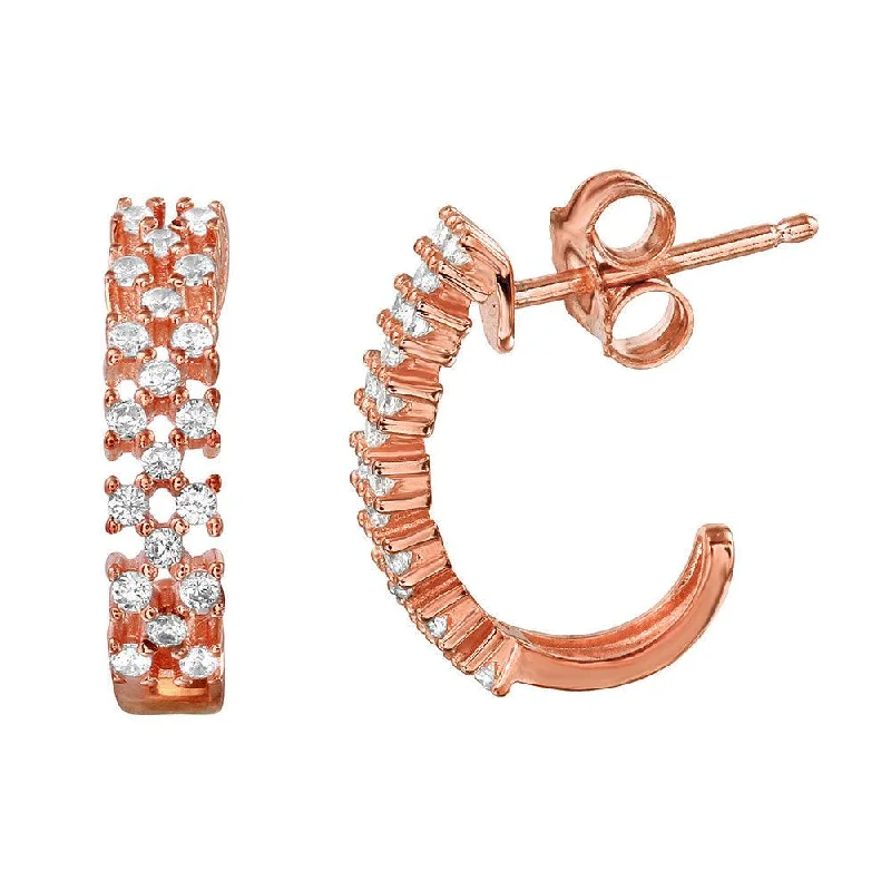 ladies-delicate-pearl-earrings-Silver 925 Rose Gold Plated Thin Checkered CZ Semi-huggie hoop Earrings - ACE00081RGP