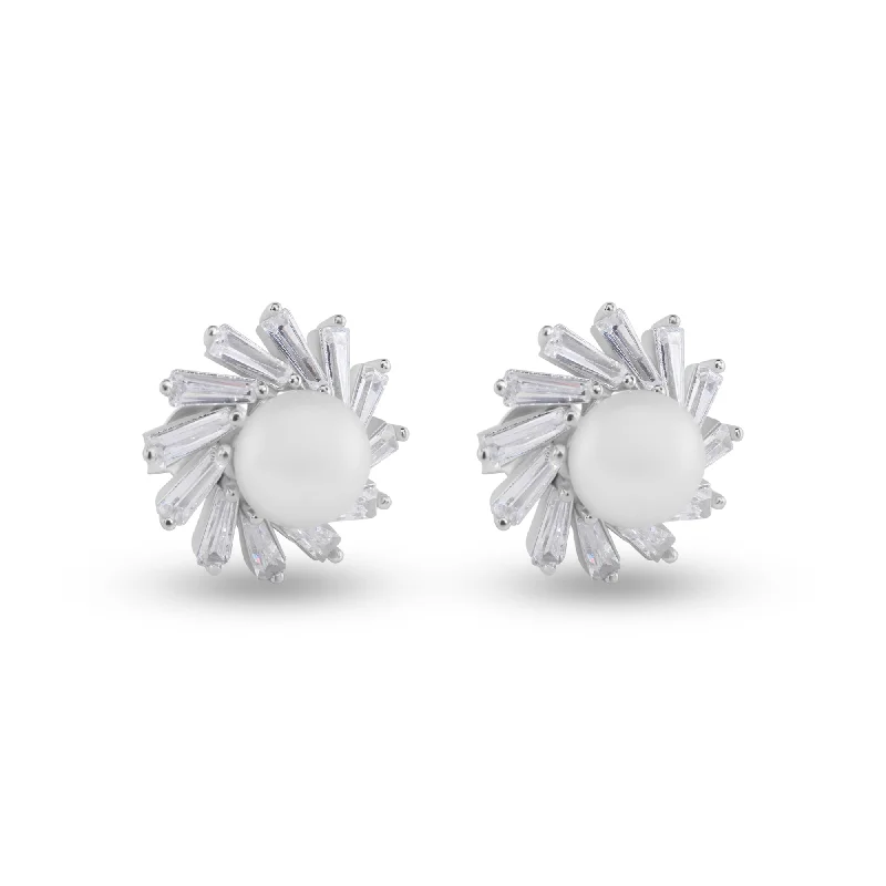 ladies-artisan-diamond-earrings-Rhodium Plated 925 Sterling Silver Water Pearl Clear Baguette CZ Stud Earrings - BGE00735