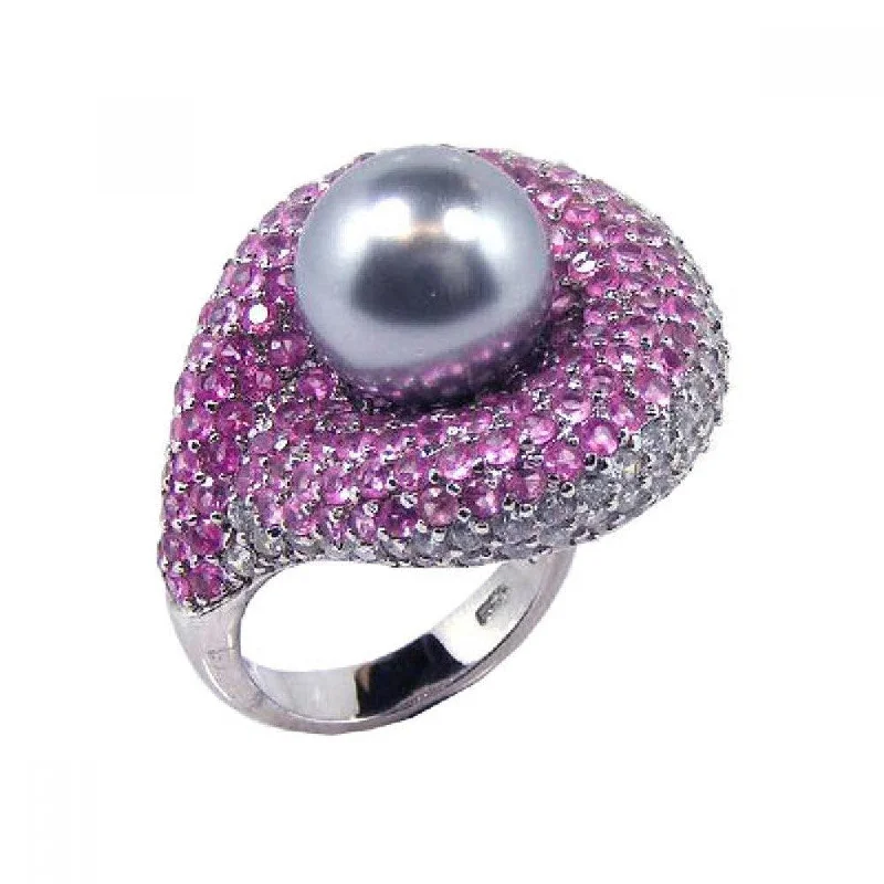 ladies ring rich malachite-Clearance-Silver 925 Rhodium Plated Pearl Center Pink Cluster CZ Ring - STR00320