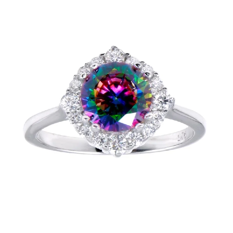 ladies ring cyber monday exclusive-Rhodium Plated 925 Sterling Silver Round Halo Mystic Topaz CZ Ring - BGR01263