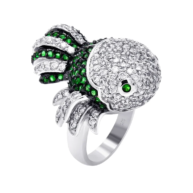 ladies ring shimmering sterling silver-Clearance-Silver 925 Rhodium and Black Rhodium Plated 2 Toned Clear and Green CZ Guppy Fish Ring - BGR00358