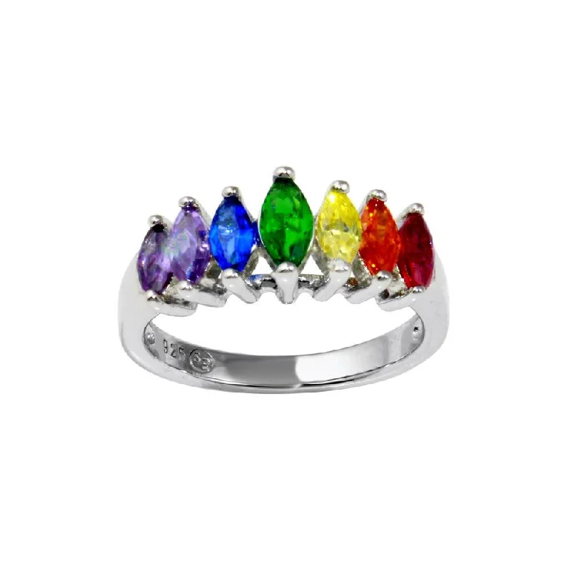 ladies ring mother’s love design-Rhodium Plated 925 Sterling Silver Graduated Multicolor Marquise CZ Ring - BGR01353