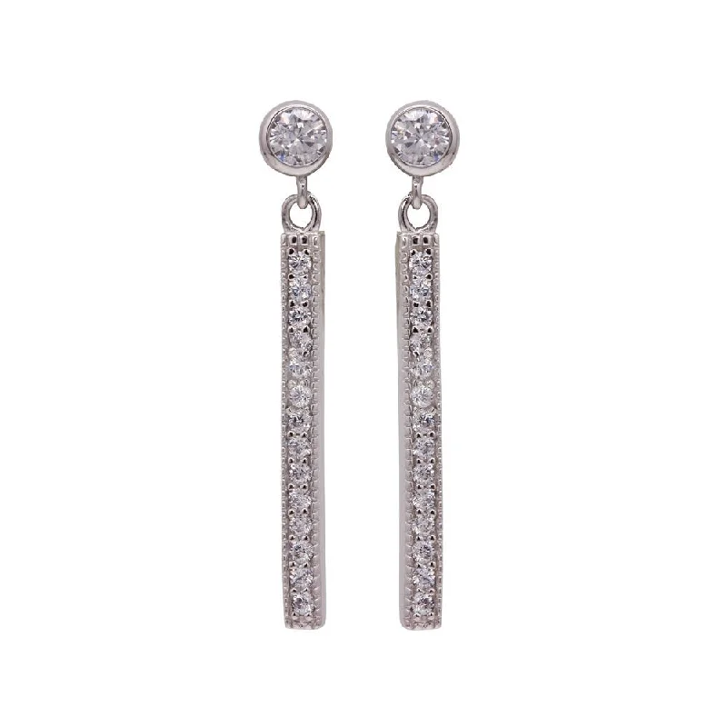 ladies-pearl-rose-gold-earrings-Silver 925 Rhodium Plated Round Clear CZ Rectangular Dangling Stud Earrings - STE00956