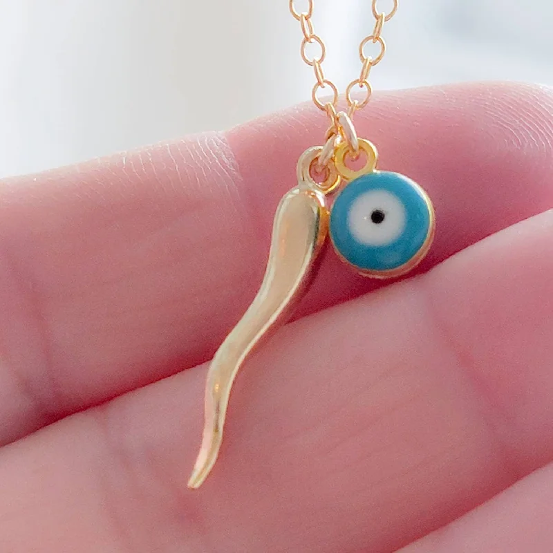 ladies-cross-necklace-Italian Horn & Evil Eye Necklace