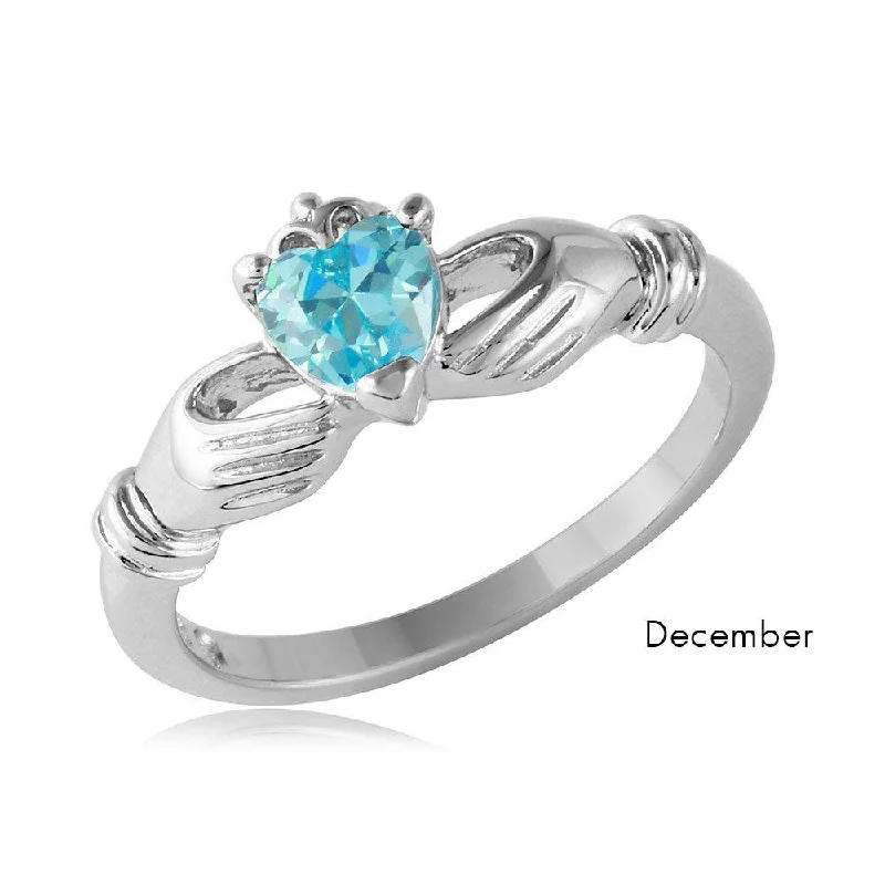 ladies ring valentine’s heart-December Sterling Silver 925 Rhodium Plated CZ Center Birthstone Claddagh Ring - BGR01083DEC